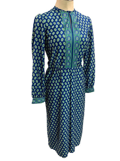 Small 1970s Mod Dress Go Go Blue Green Vintage Midi Mid Calf Union Label
