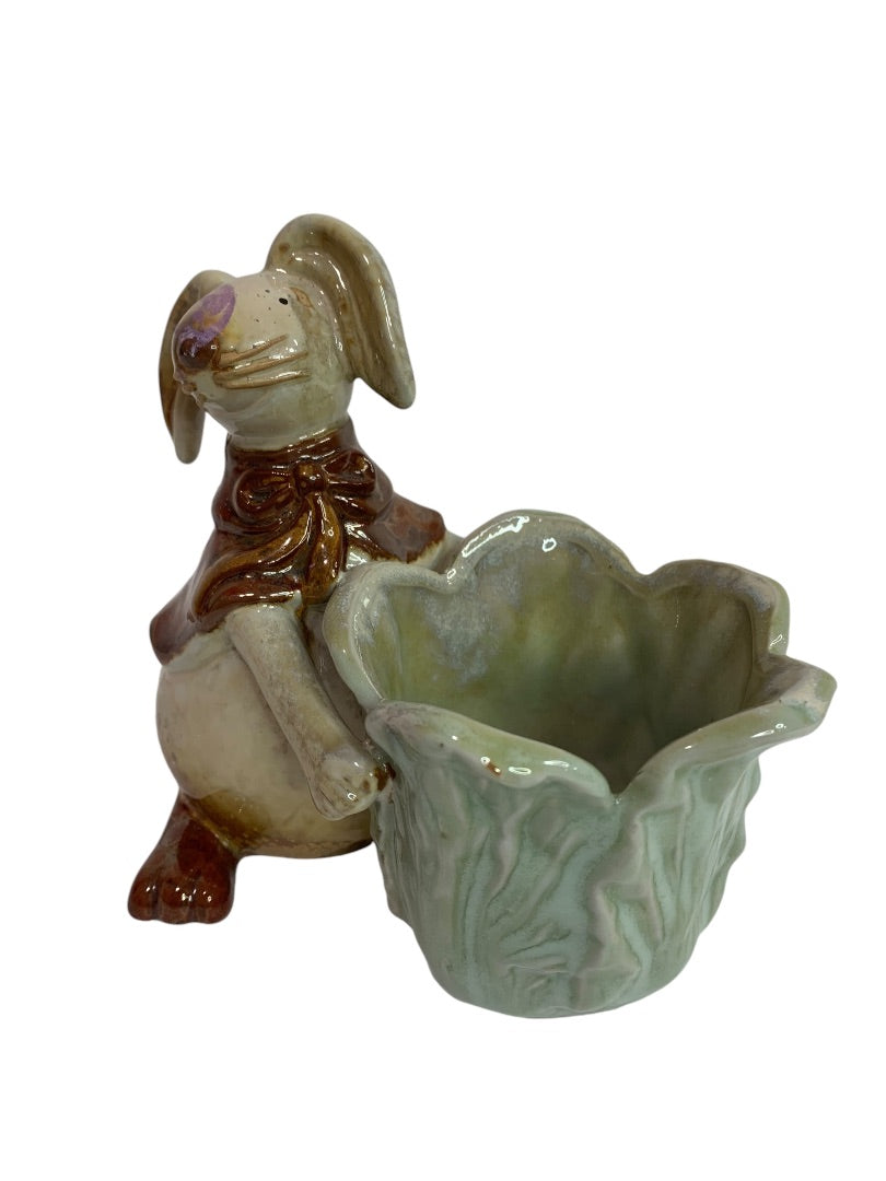 Vintage Bunny Rabbit Art Pottery Holding Lettuce Bowl Figurine Signed