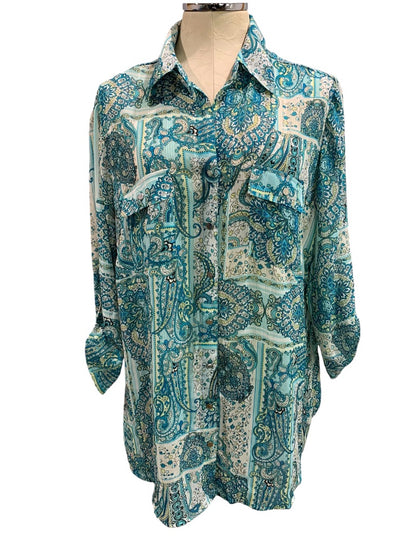 2X Rebecca Malone Plus Size Sheer Button Up Shirt Paisley Blue Silver