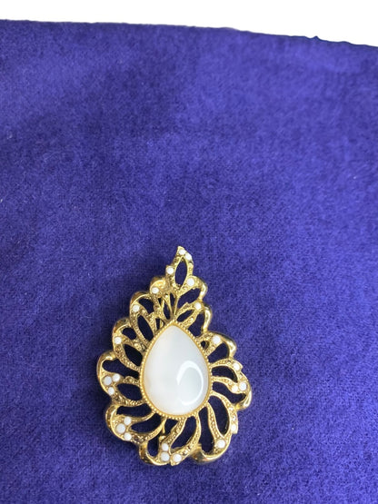 Goldtone Filigree Vintage Brooch White Stone 2.6 Inch