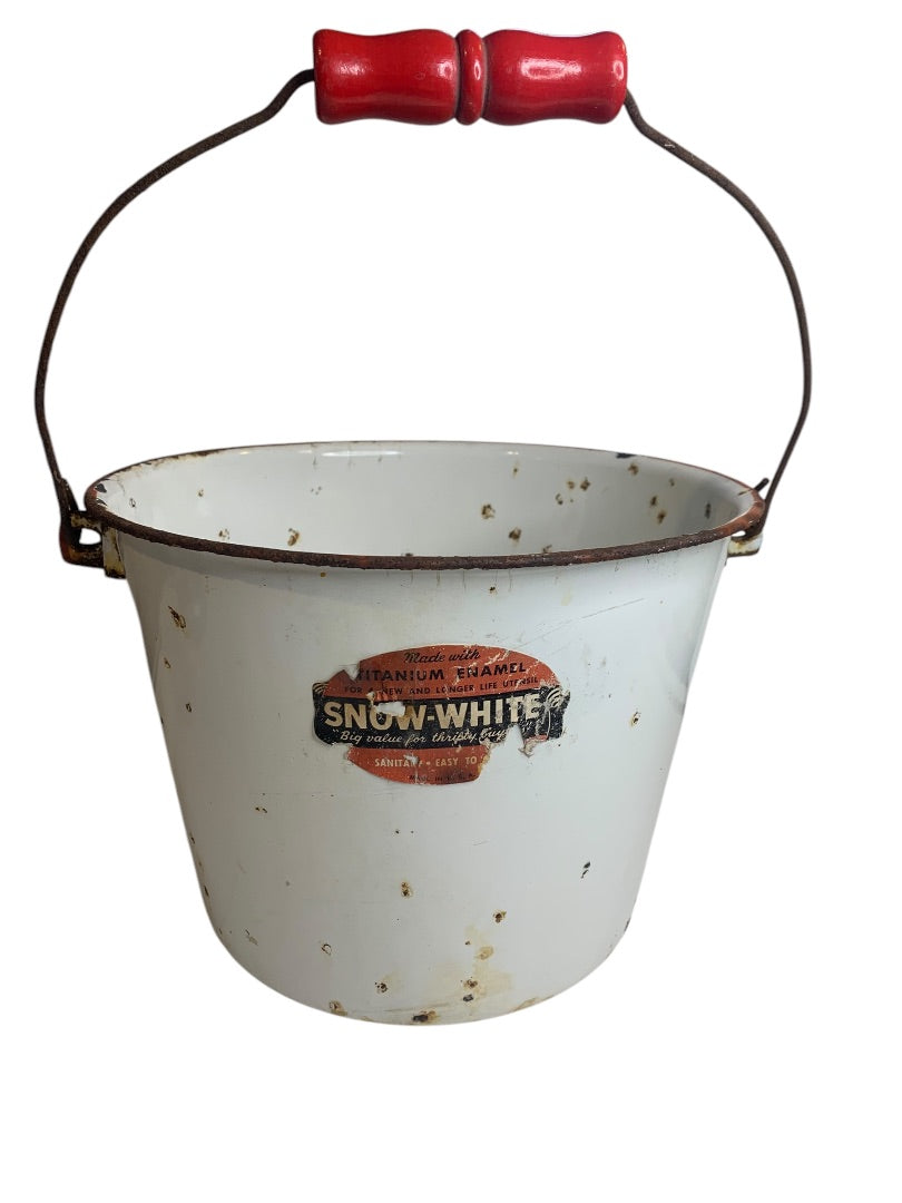Porcelain Enamelware Snow-White Bucket Pail White Wooden Handle Sticker