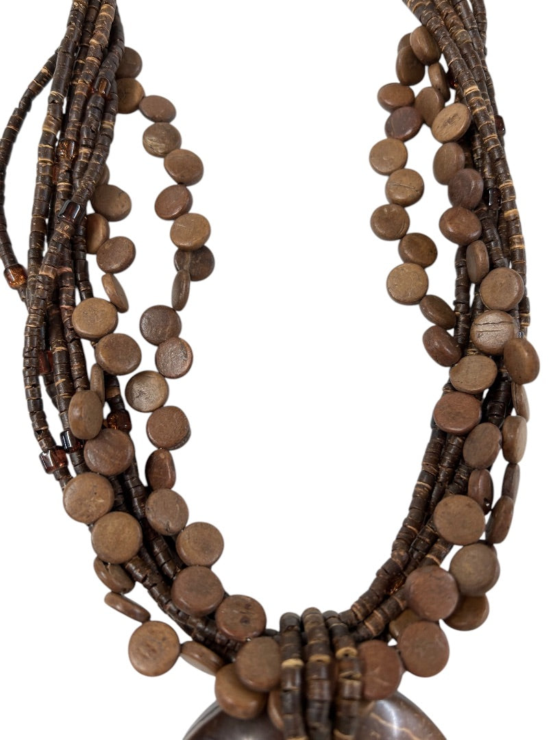 Wooden Boho Statement Necklace Multistrand Twist 18-22 Inch