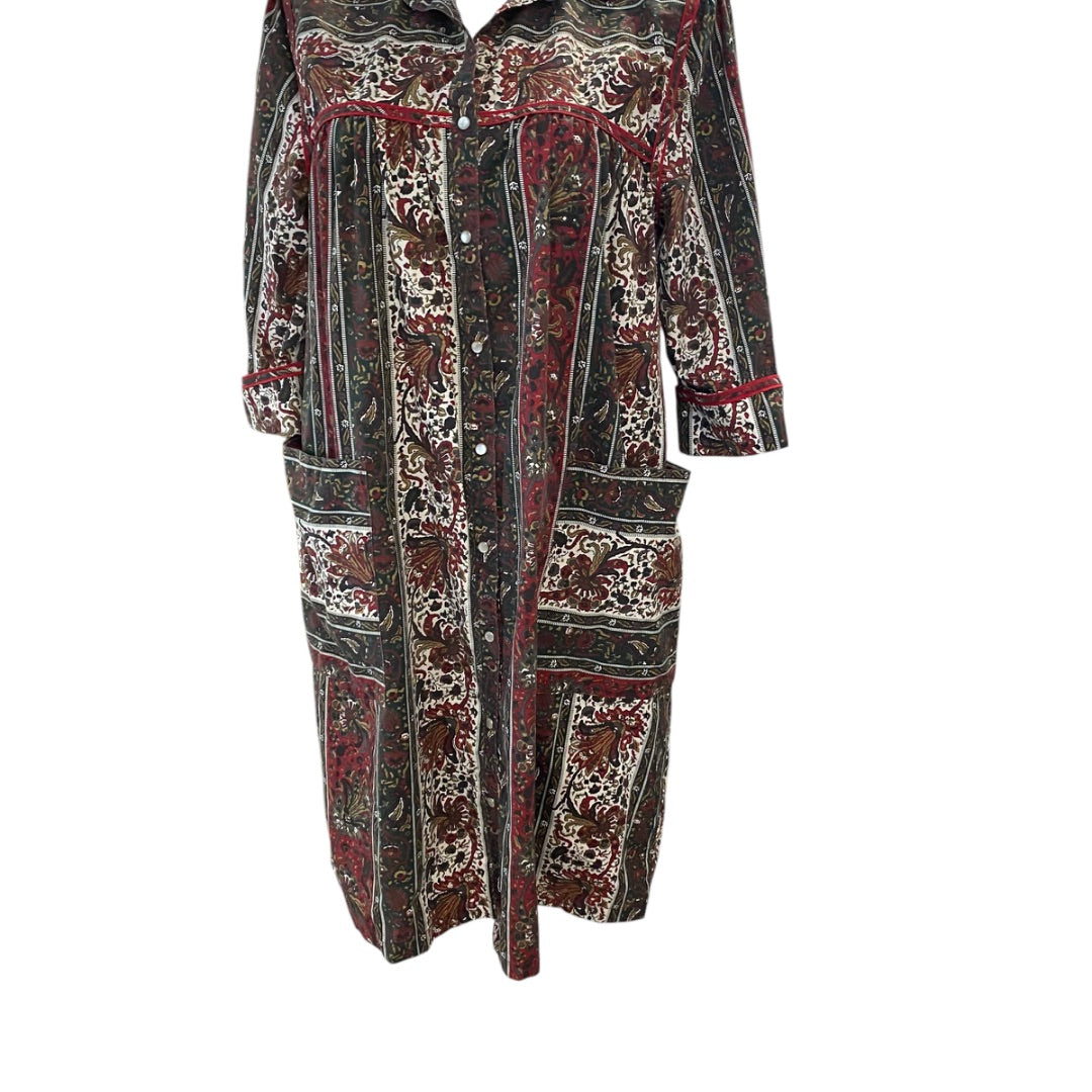 Size 16 Models Coat Vintage Womens Snap Up House Coat Dress Brown Print Pockets