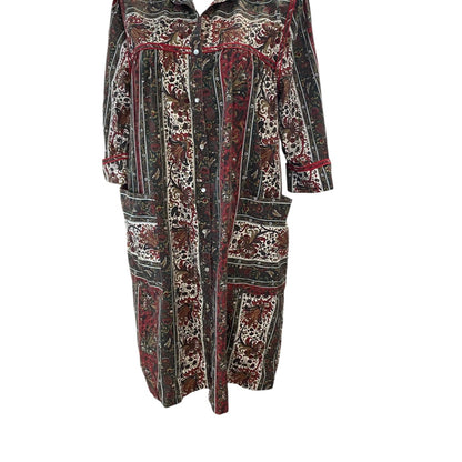 Size 16 Models Coat Vintage Womens Snap Up House Coat Dress Brown Print Pockets