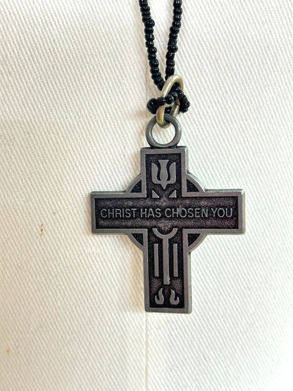 Black 32 Inch Overhead Necklace Pewter Cross Pendant "Christ has Chosen You"