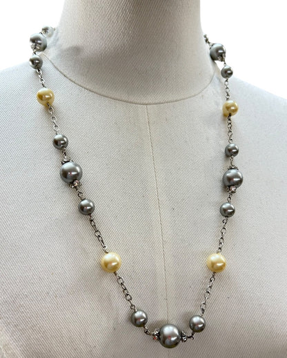 Silvertone Faux Pearl Necklace 18 Inch Lobster Clasp Gray Ivory