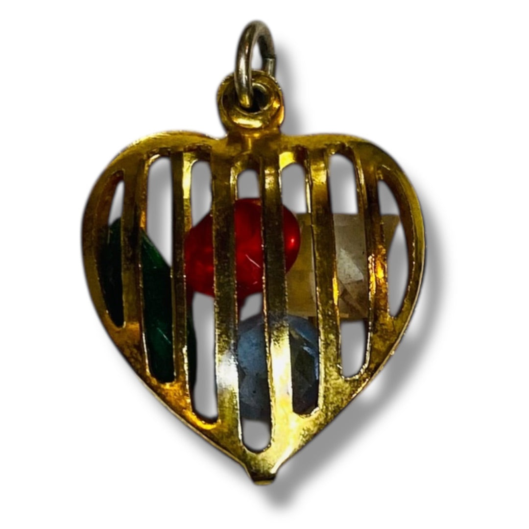 Goldtone Pendant Caged Heart Crystals Red Green Clear .9 Inch