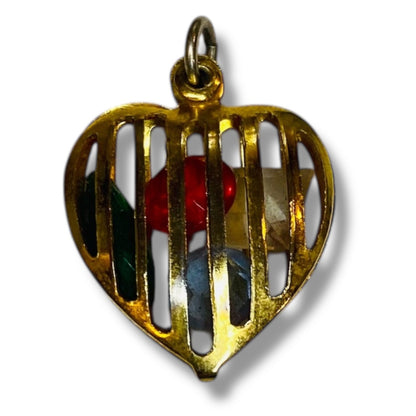 Goldtone Pendant Caged Heart Crystals Red Green Clear .9 Inch