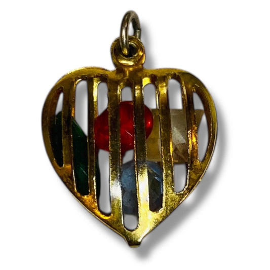 Goldtone Pendant Caged Heart Crystals Red Green Clear .9 Inch