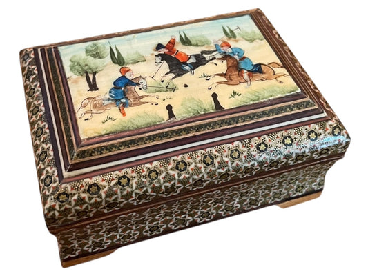 Vintage Khatam Persian Wooden Turkish Trinket Box Hinged Hand Painted