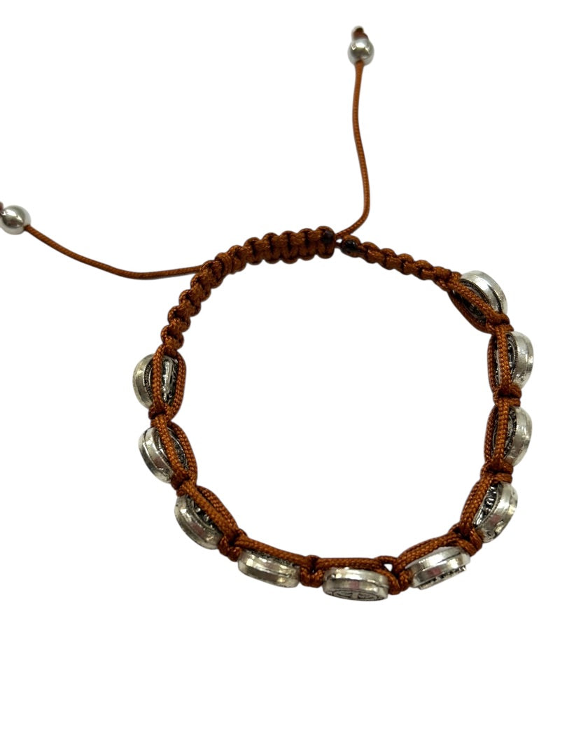 Brown St Saint Benedict Medal Silvertone 8" Adjustable Cord Bracelet