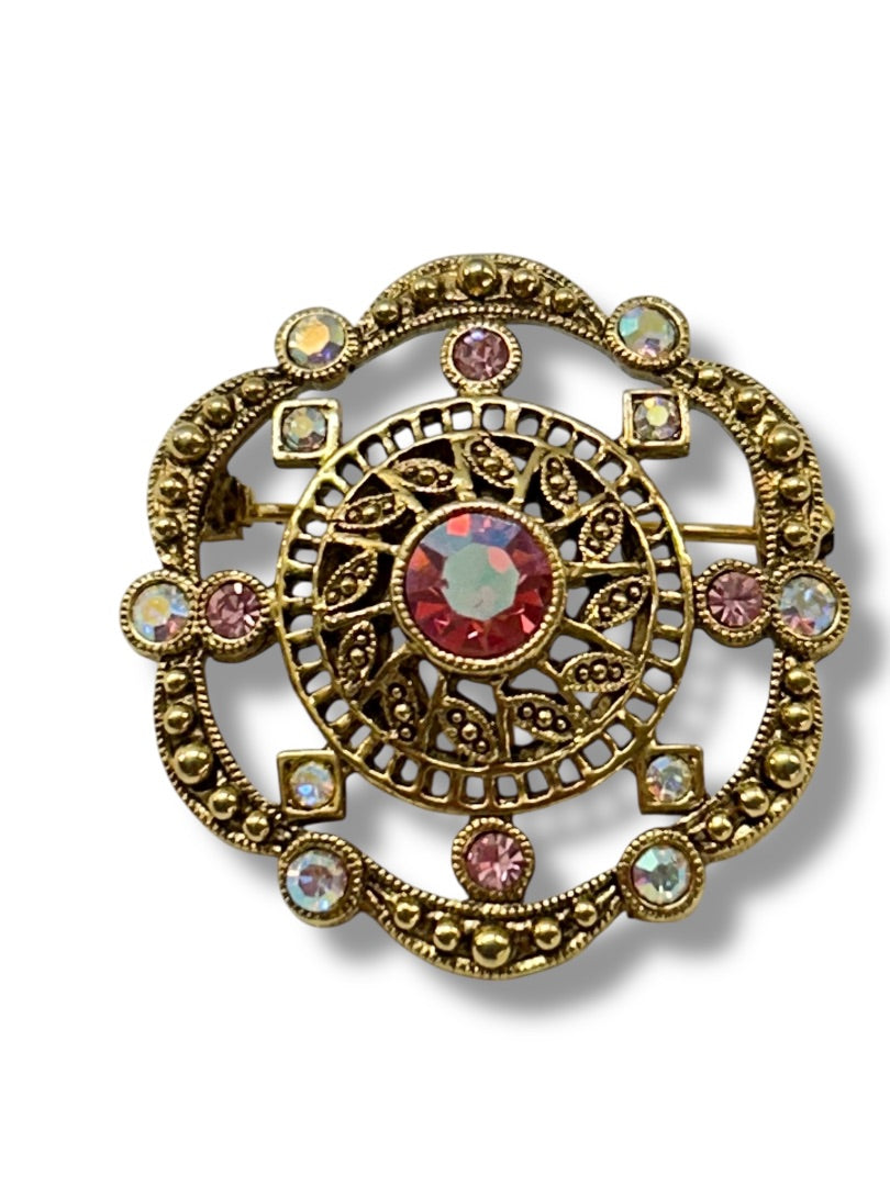 Vintage Brooch Goldtone Filigree Aurora Borealis Crystal 1.25 Inch