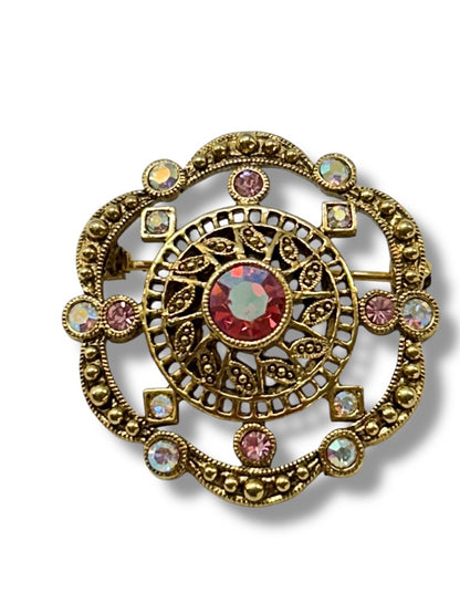 Vintage Brooch Goldtone Filigree Aurora Borealis Crystal 1.25 Inch