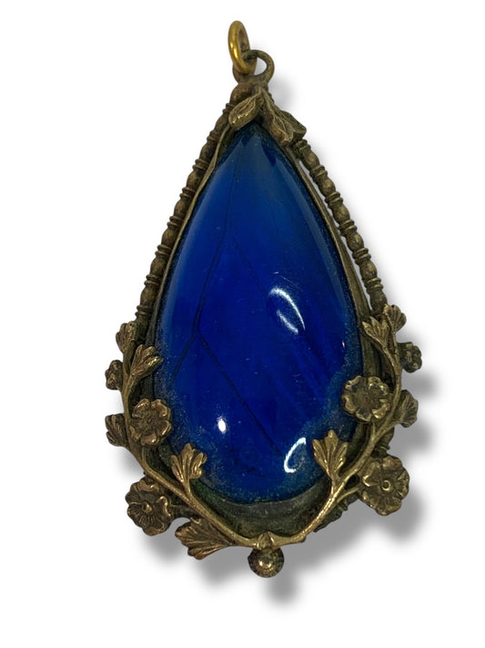 Vintage Statement Pendant Goldtone Floral Setting Blue Acrylic 2.6 Inch Drop
