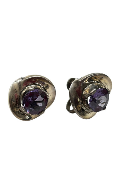 Vintage Silvertone Amethyst Screwback Non-Pierced Earrings .75"