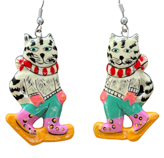 Cat Earrings Iceskating Winter 2.25 Inch Drop Pierced Fish Hook