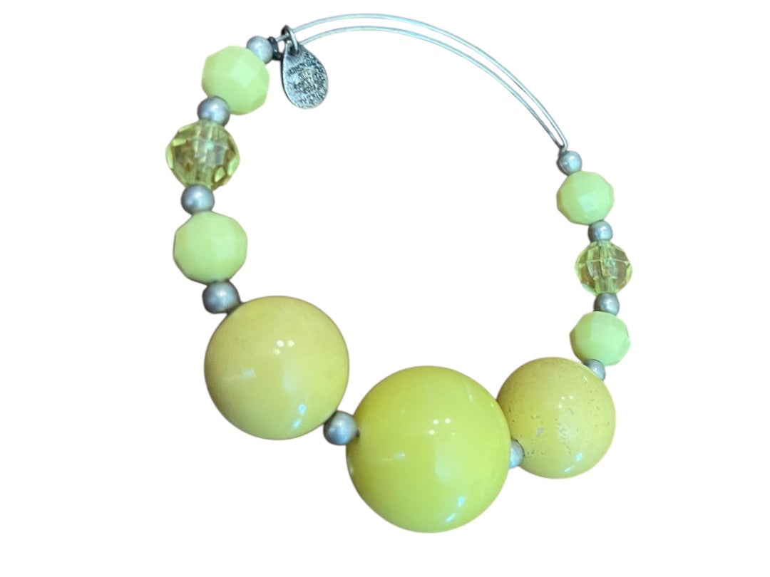 Expandable Wire Bracelet 2003 Beaded Silvertone Bracelet Yellow