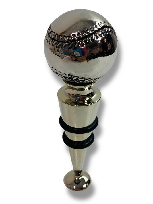 Silvertone Bottle Stopper Metal Baseball Theme 4" Rubber