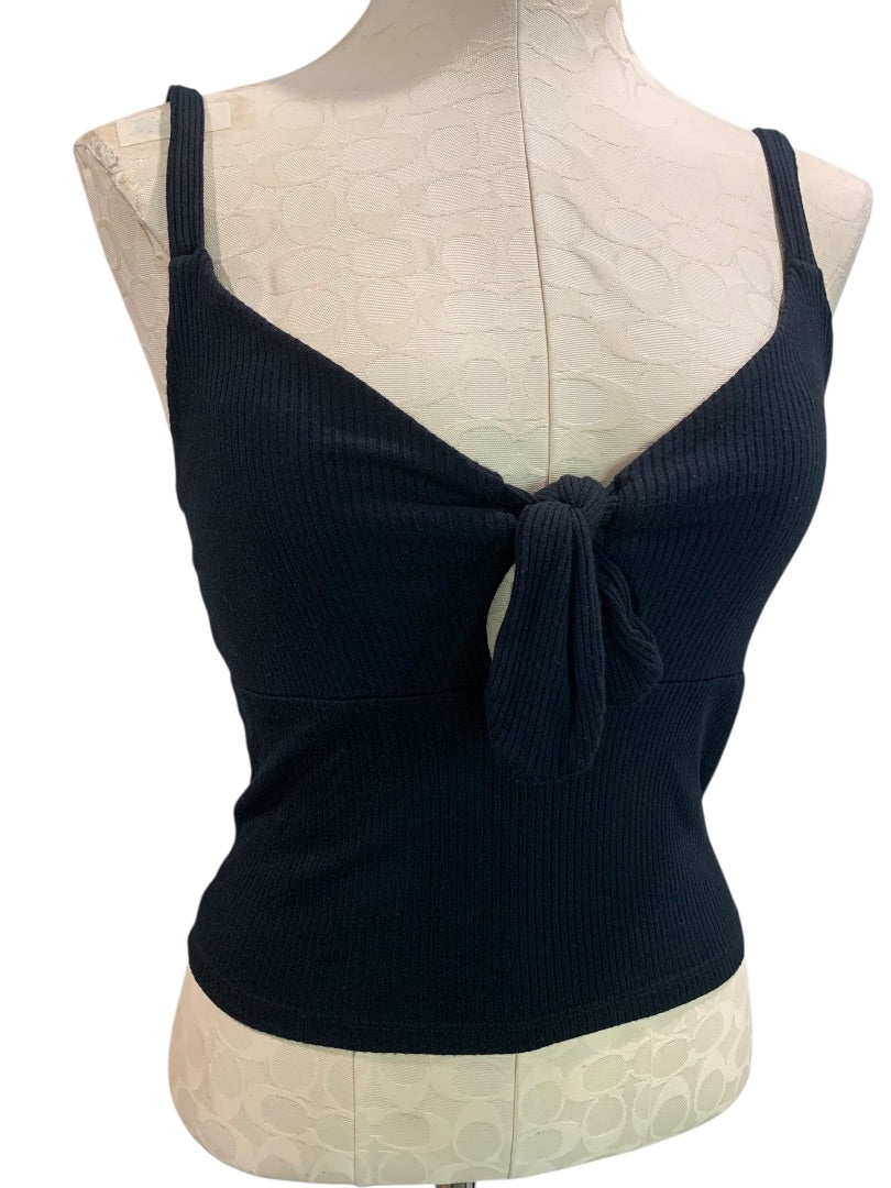 Large Forever 21 Crop Tank Top Shirt Womens Black Ribbed Tie Front