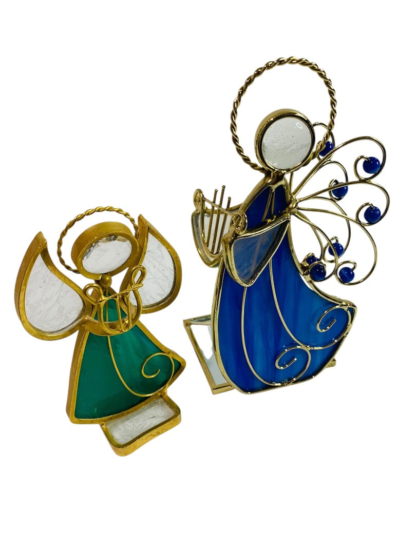 Vintage Tabletop Stained Glass Angels Goldtone Blue Green