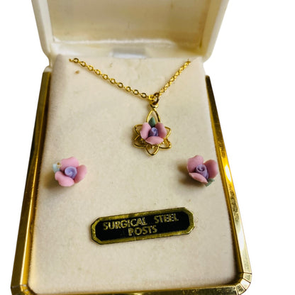 New Delicate Porcelain Pink Flower Jewelry Set Necklace Pierced Earrings Goldtone