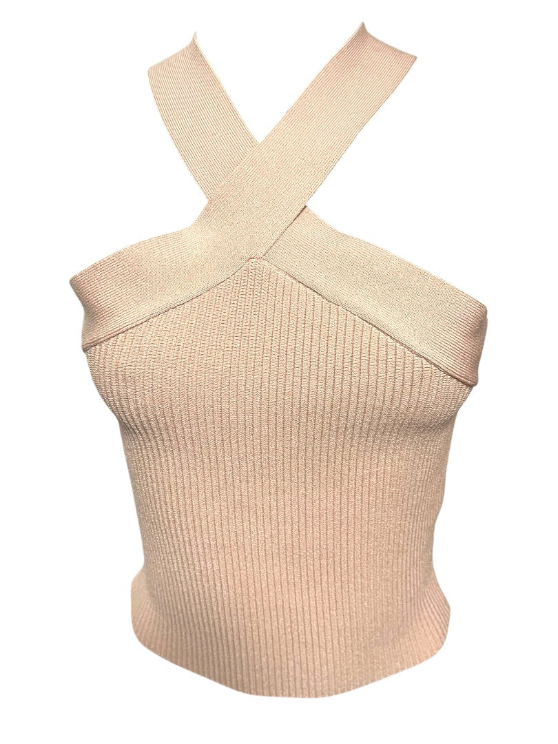 Medium Allie Rose Elegant Criss Cross Cropped Halter Top Pink