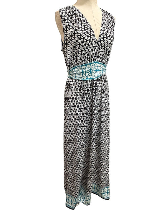 Medium Max Studio Sleeveless Print Maxi Dress V-Neck Navy Blue Teal V-Neck