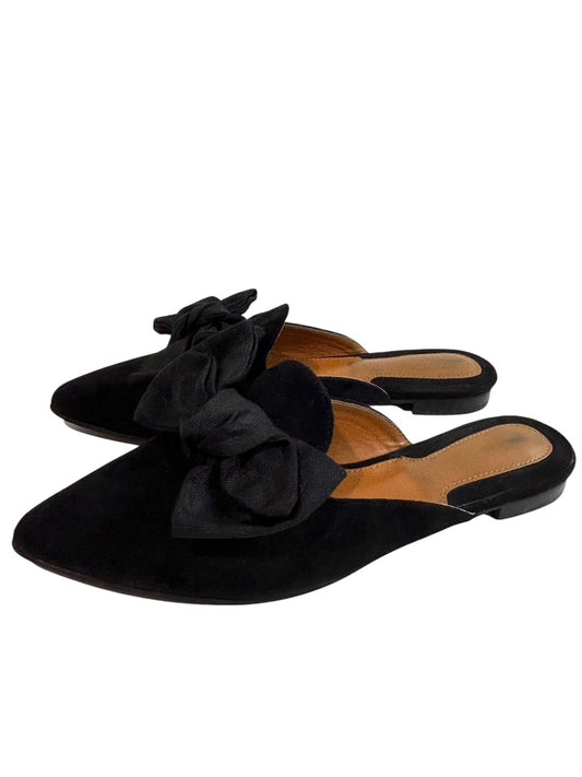 Size 7.5 Womens Faux Suede Black Slip On Shoes Grosgrain Bow Flats