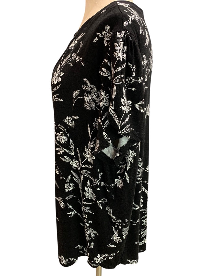 2XL Syoss Womens Soft Black Tshirt Floral Print White V-Neck