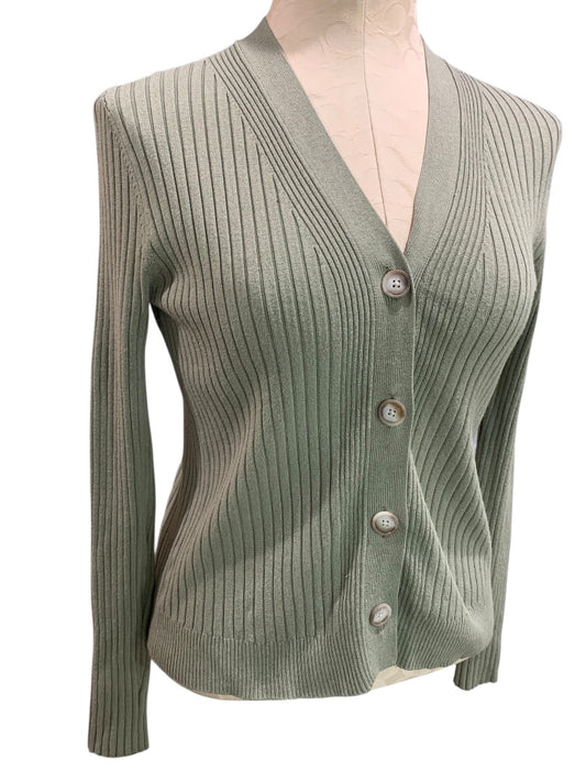 Small Petite Loft Womens V-Neck Sweater Cardigan Sage Green Ribbed