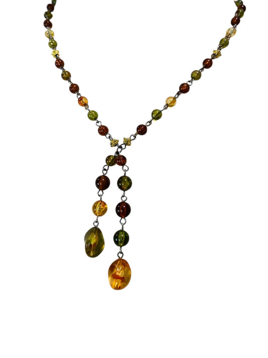 Beaded Silvertone Necklace 20" Amber Green Purple 21" with 2" Drop