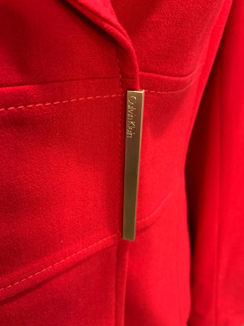 Size 6 Calvin Klein Red Skirt Suit Jacket Snap Closure