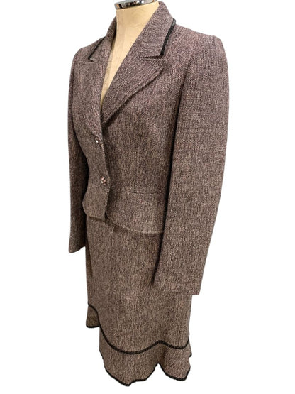 Size 6 Tahari Skirt Suit Jacket Tweed Lace Hem Black Pink Purple