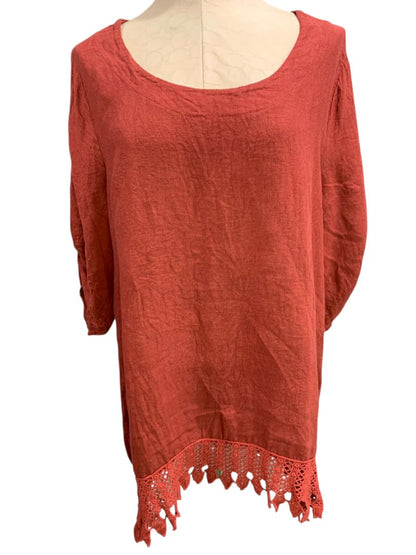 1X Lungo L'arno Womens Crochet Trim Tunic Scoop Neck Roll Tab Sleeve Linen