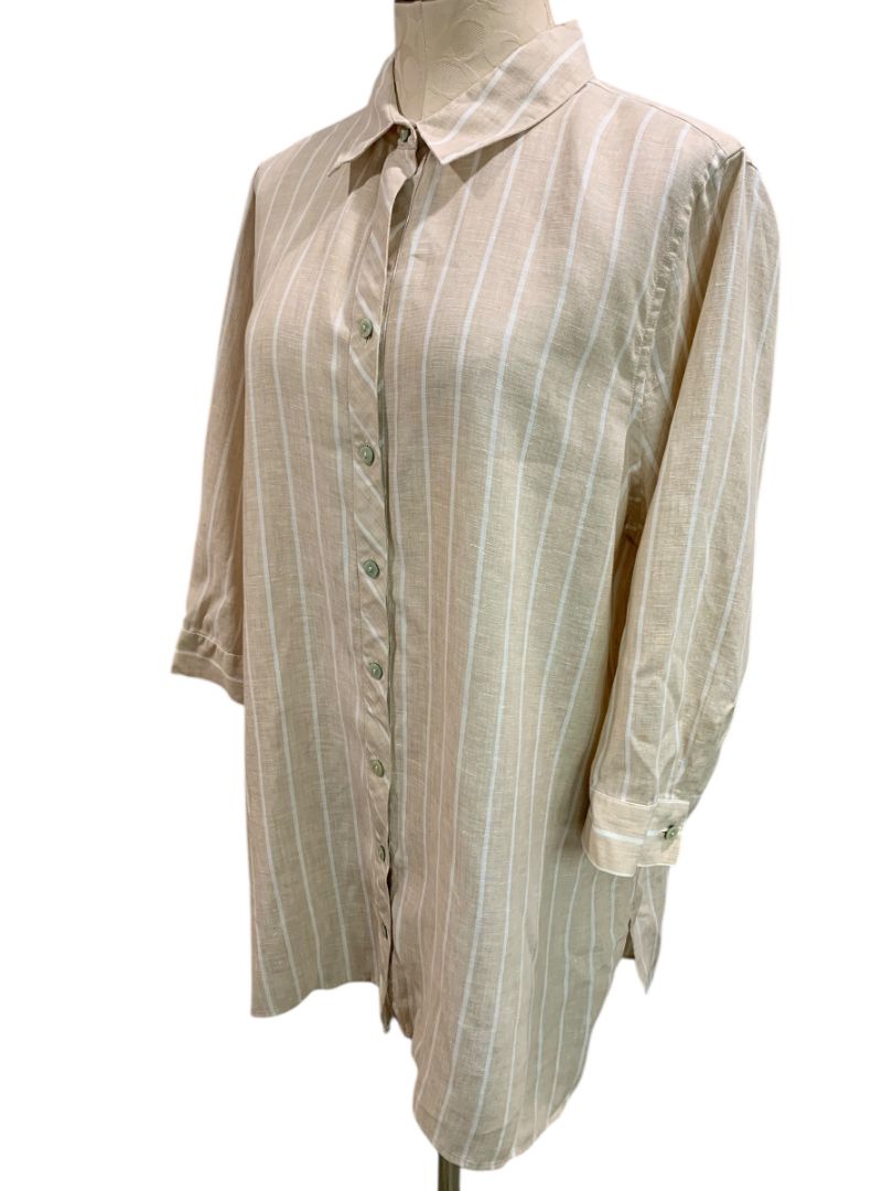 Size XL Chicos Womens Linen Tunic Button Up Blouse Shirt Tan White Stripe
