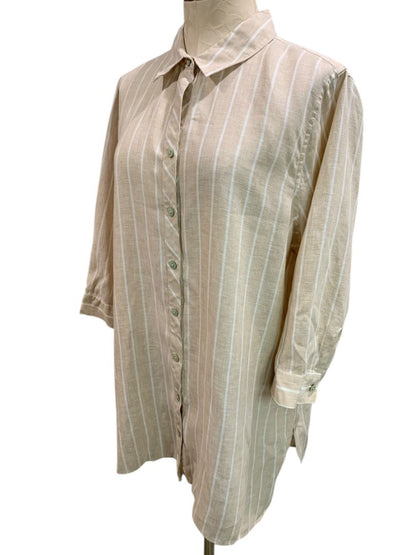 Size XL Chicos Womens Linen Tunic Button Up Blouse Shirt Tan White Stripe