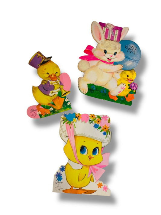 Vintage Gibson Lot of 3 Diecut Easter Decorations Bunny Chick Duck 7"