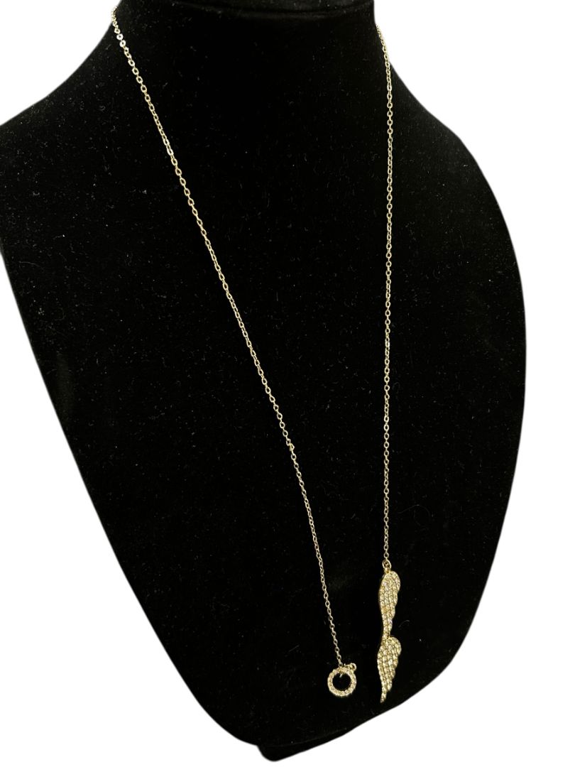 Goldtone Necklace Overhead Adjustable Feathers Rhinestones 26"