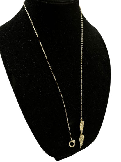 Goldtone Necklace Overhead Adjustable Feathers Rhinestones 26"