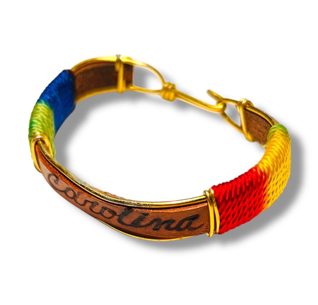 Vintage Leather and String Goldtone Personalized "Carolina" Bracelet