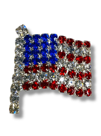 Vintage Rhinestone American Flag Brooch Pin Red White Blue 1.25"