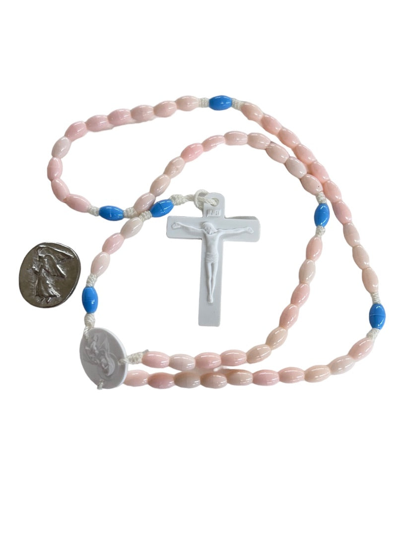 Acrylic Pink Blue Catholic Rosary Beads and Angel Medal Vintage