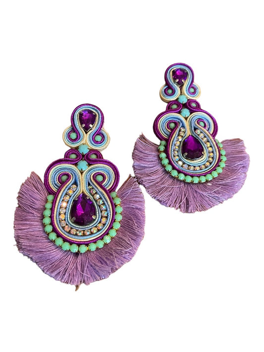 Soutache Post Earrings Purple Teardrops Fringe 4" Drop Dangle Post Pierced