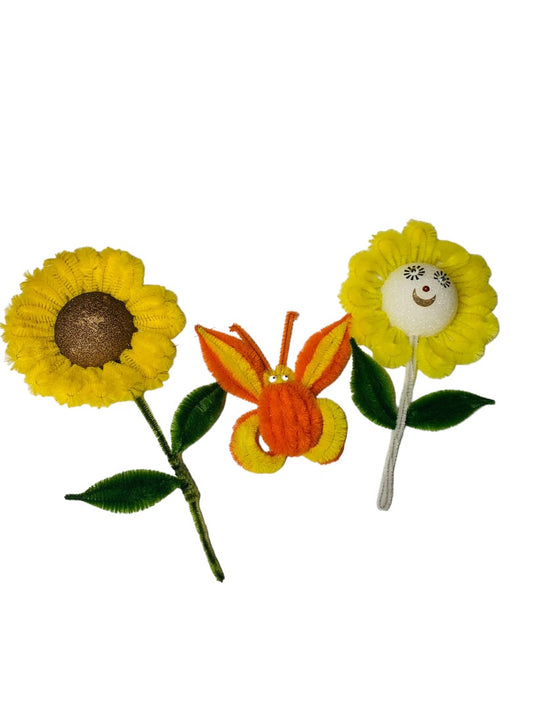 Handmade Vintage 1970s Flower Butterfly Magnets Sunflower Chenille Pipe Cleaner Googly Eyes