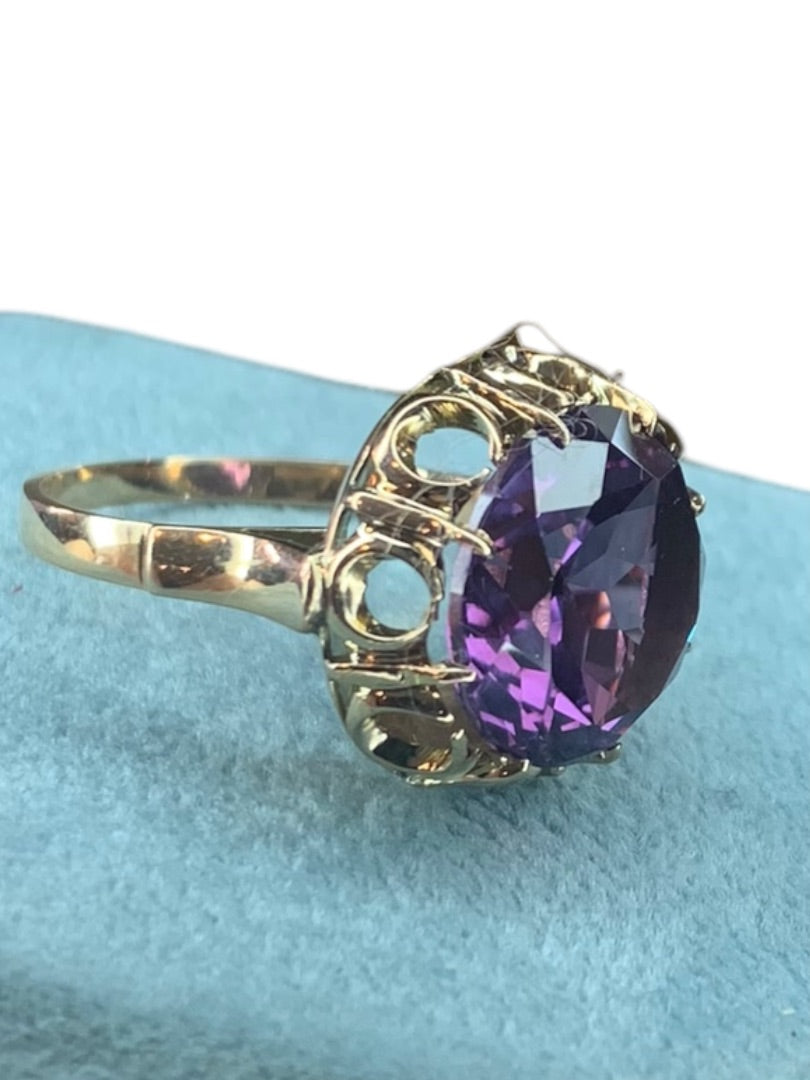 14k Yellow Gold Lab Created Round Amethyst Solitaire Ring Size 7.5