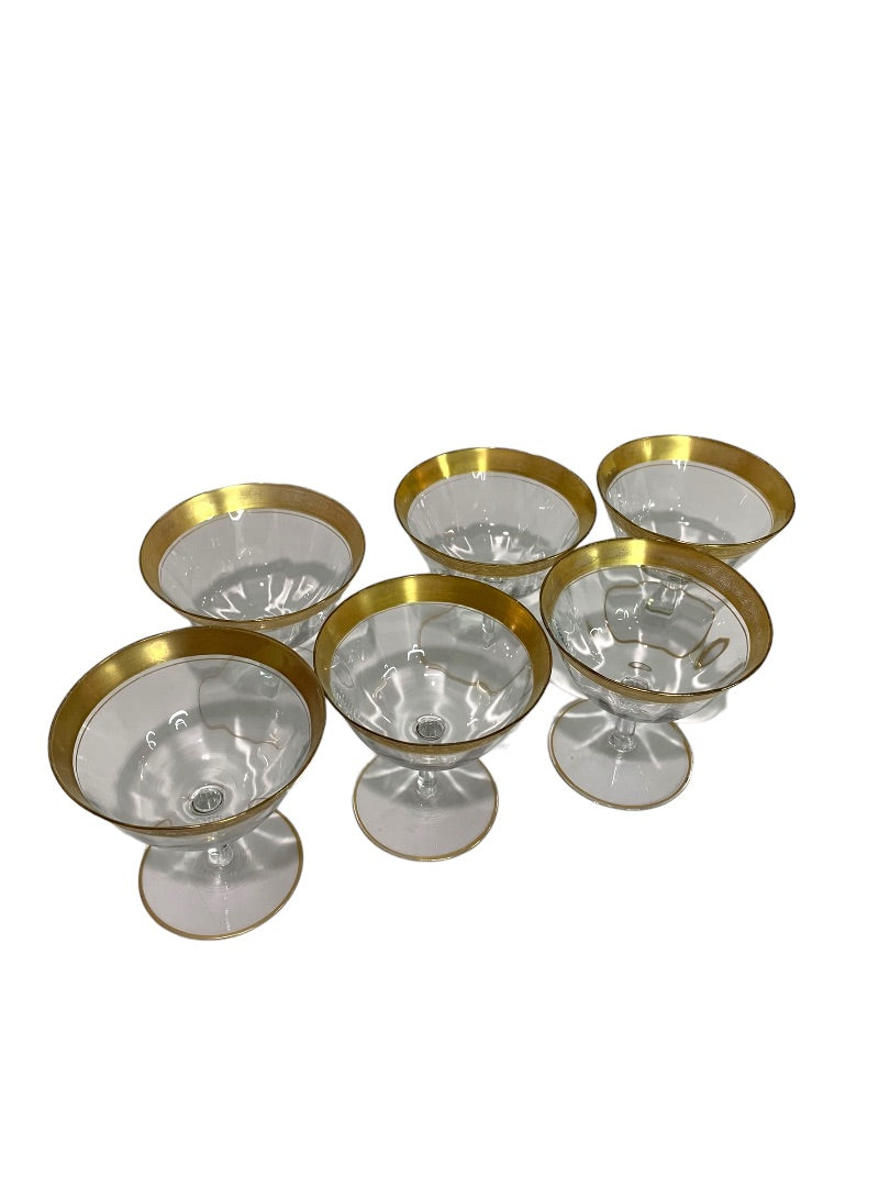 Vintage Gold Rim Floral Crystal Set of 6 Low Sherbet Glasses 4" h Stemmed
