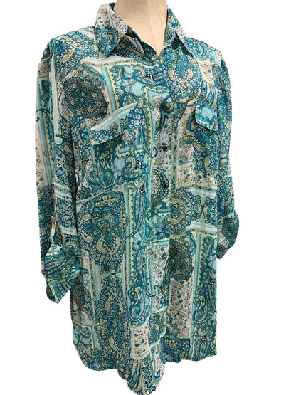 2X Rebecca Malone Plus Size Sheer Button Up Shirt Paisley Blue Silver