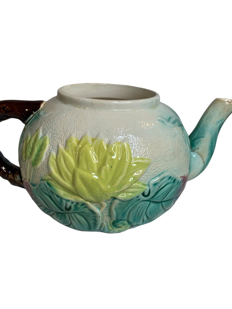 Antique Majolica Water Lily Pond Rope Teapot Pottery 9 Inch