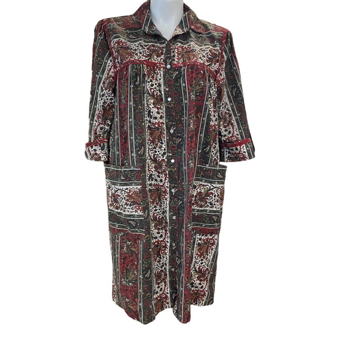 Size 16 Models Coat Vintage Womens Snap Up House Coat Dress Brown Print Pockets