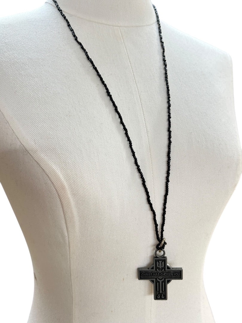 Black 32 Inch Overhead Necklace Pewter Cross Pendant "Christ has Chosen You"